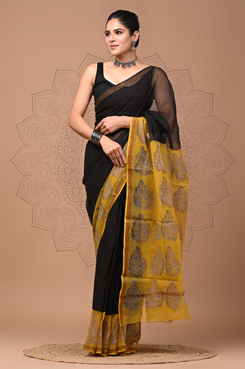 PJNV25A122 Black Pure Block Print Kota Doria Saree