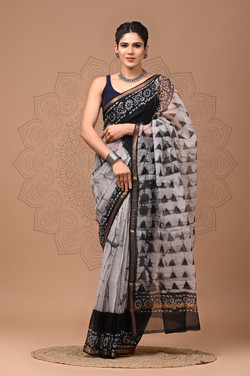 PJNV25A124 Off-White Pure Block Print Kota Doria Saree