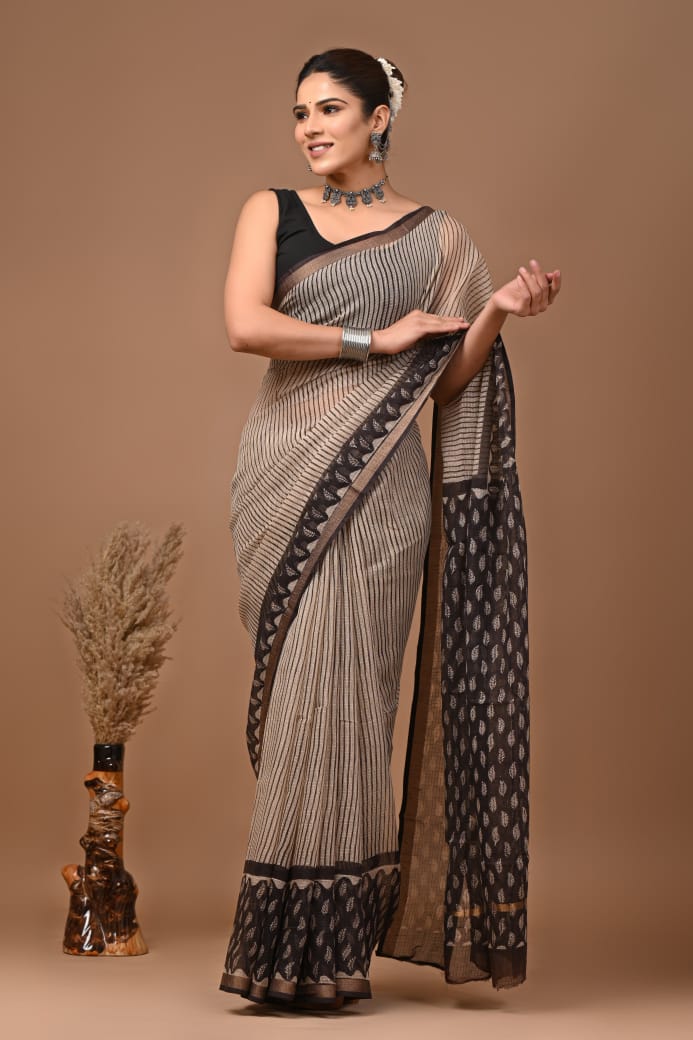 PJNV25A125 Beige Pure Block Print Kota Doria Saree