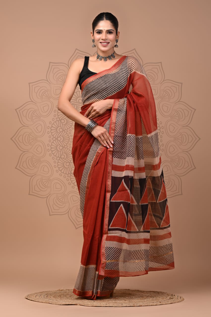 PJNV25A128 Rust Red Pure Block Print Kota Doria Saree