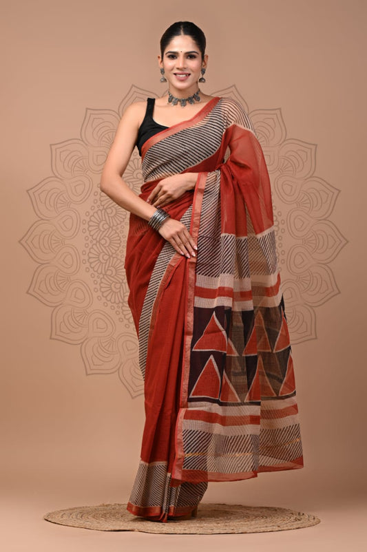 PJNV25A128 Rust Red Pure Block Print Kota Doria Saree
