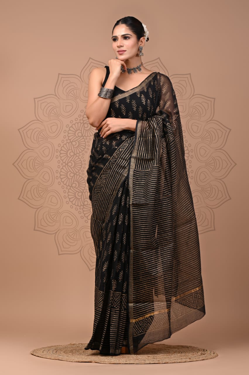 PJNV25A129 Black Pure Block Print Kota Doria Saree