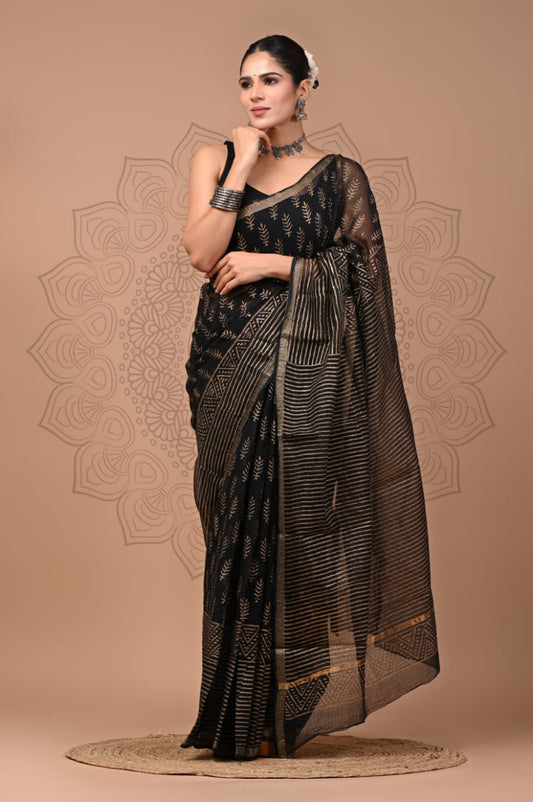 PJNV25A129 Black Pure Block Print Kota Doria Saree