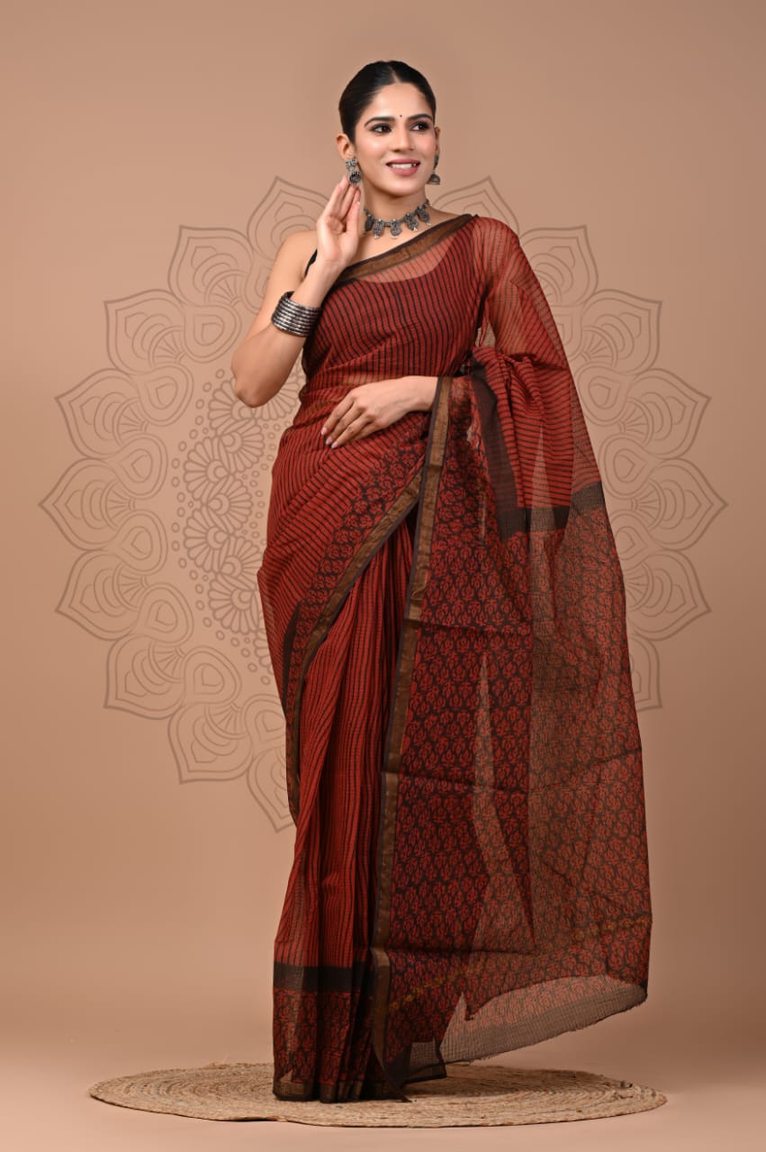 PJNV25A130 Rust Red Pure Block Print Kota Doria Saree