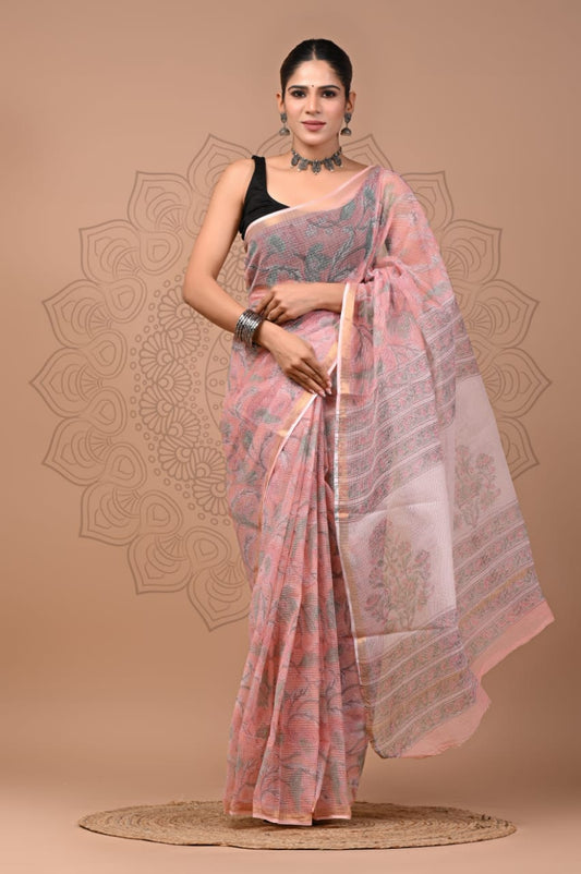 PJNV25A132 Pink Pure Block Print Kota Doria Saree