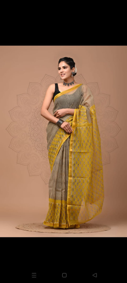 PJNV25A133 Beige Pure Block Print Kota Doria Saree