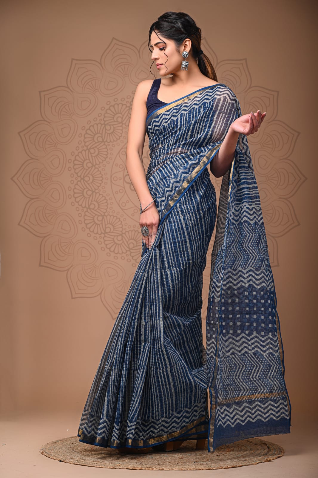 PJNV25A134 Navy Blue Pure Block Print Kota Doria Saree