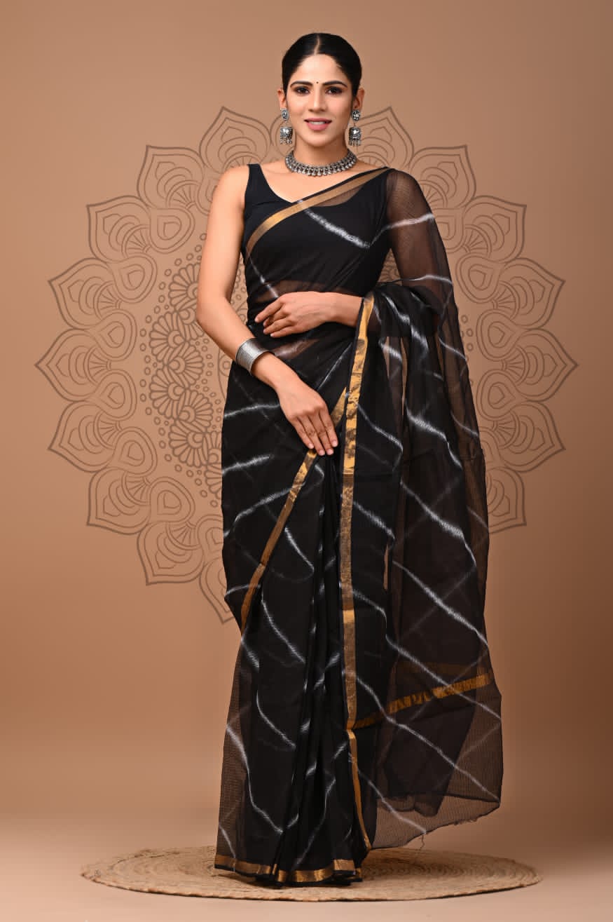 PJNV25A136 Black Pure Block Print Kota Doria Saree