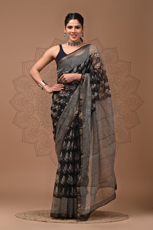 PJNV25A137 Black Pure Block Print Kota Doria Saree
