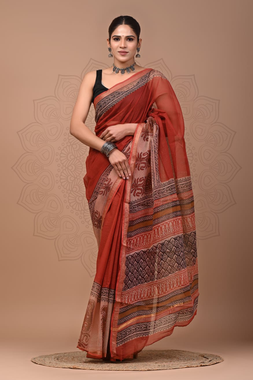 PJNV25A140 Rust Red Pure Block Print Kota Doria Saree