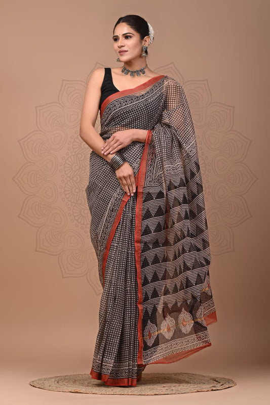 PJNV25A143 Gray Pure Block Print Kota Doria Saree