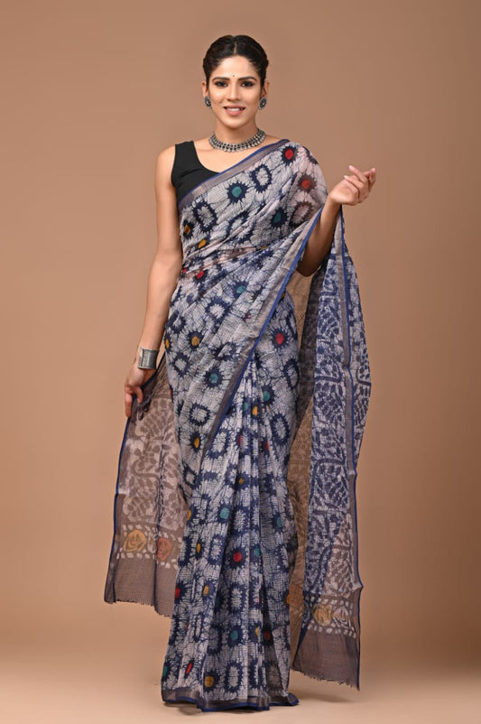 PJNV25A144 Grey Pure Block Print Kota Doria Saree