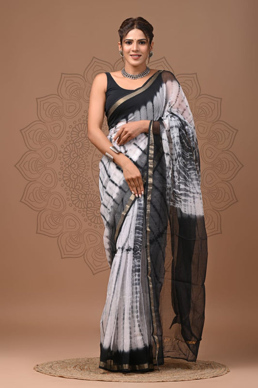 PJNV25A146 White Pure Block Print Kota Doria Saree