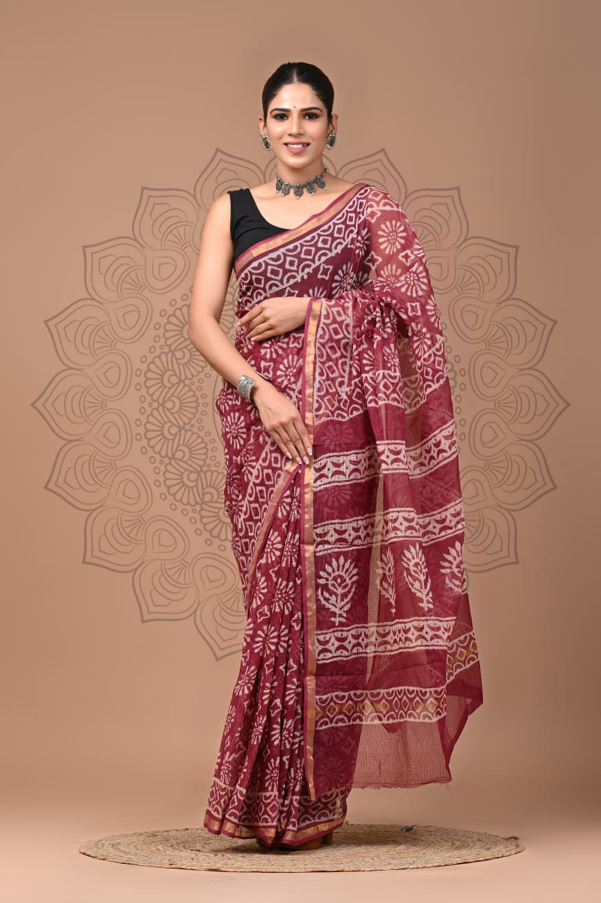 PJNV25A147 Red Pure Block Print Kota Doria Saree