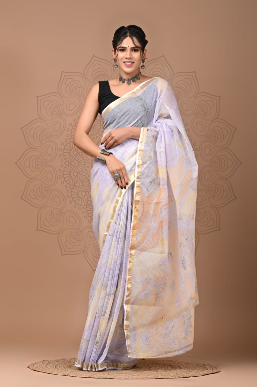 PJNV25A149 Lavender Pure Block Print Kota Doria Saree