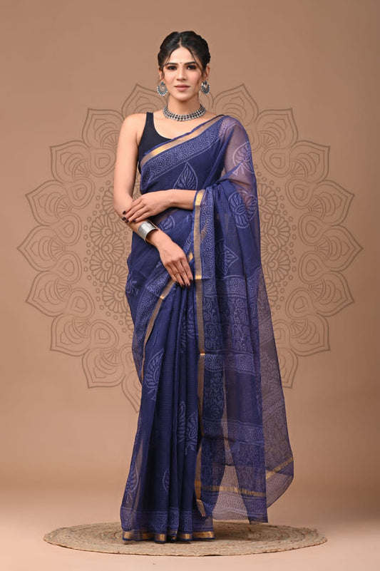 PJNV25A150 Purple Pure Block Print Kota Doria Saree