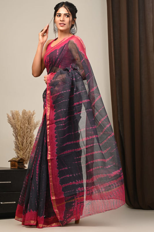PJNV25A151 Deep Grey Pure Block Print Kota Doria Saree