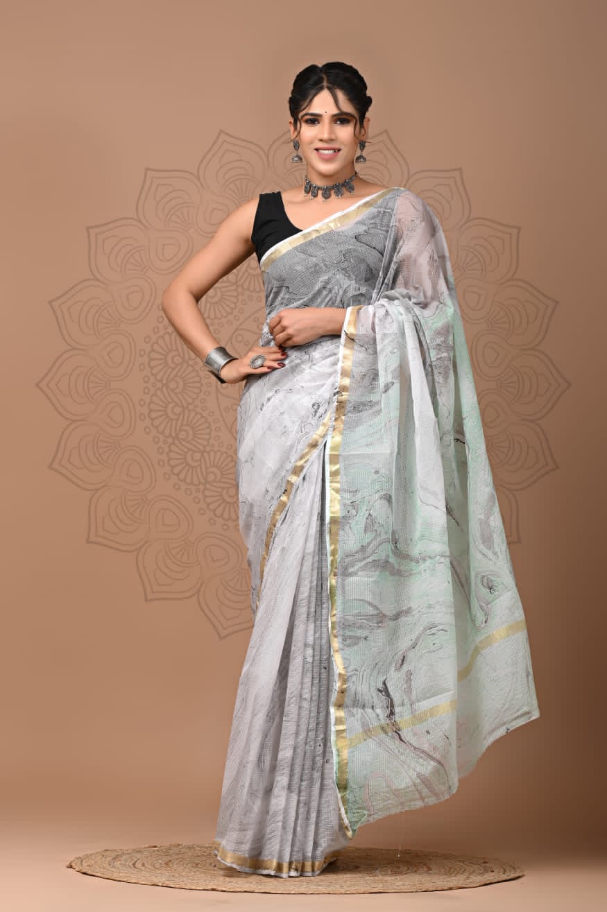 PJNV25A154 Light Grey Pure Block Print Kota Doria Saree