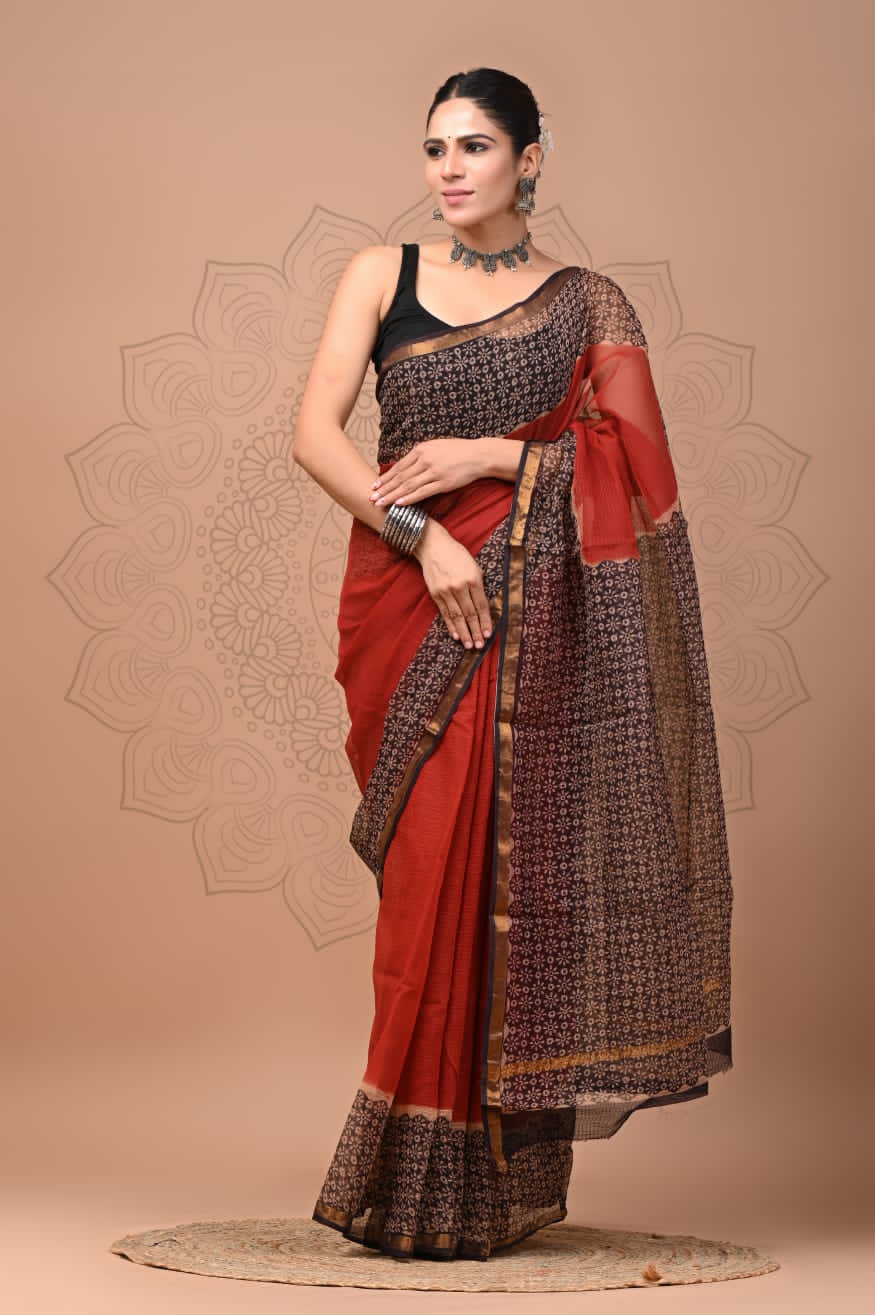 PJNV25A155 Rust Red Pure Block Print Kota Doria Saree