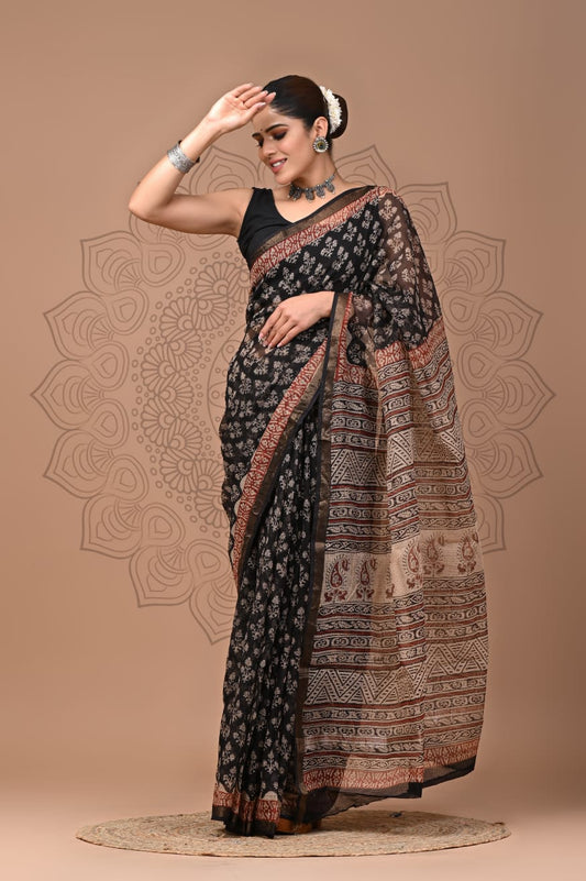 PJNV25A156 Black Pure Block Print Kota Doria Saree