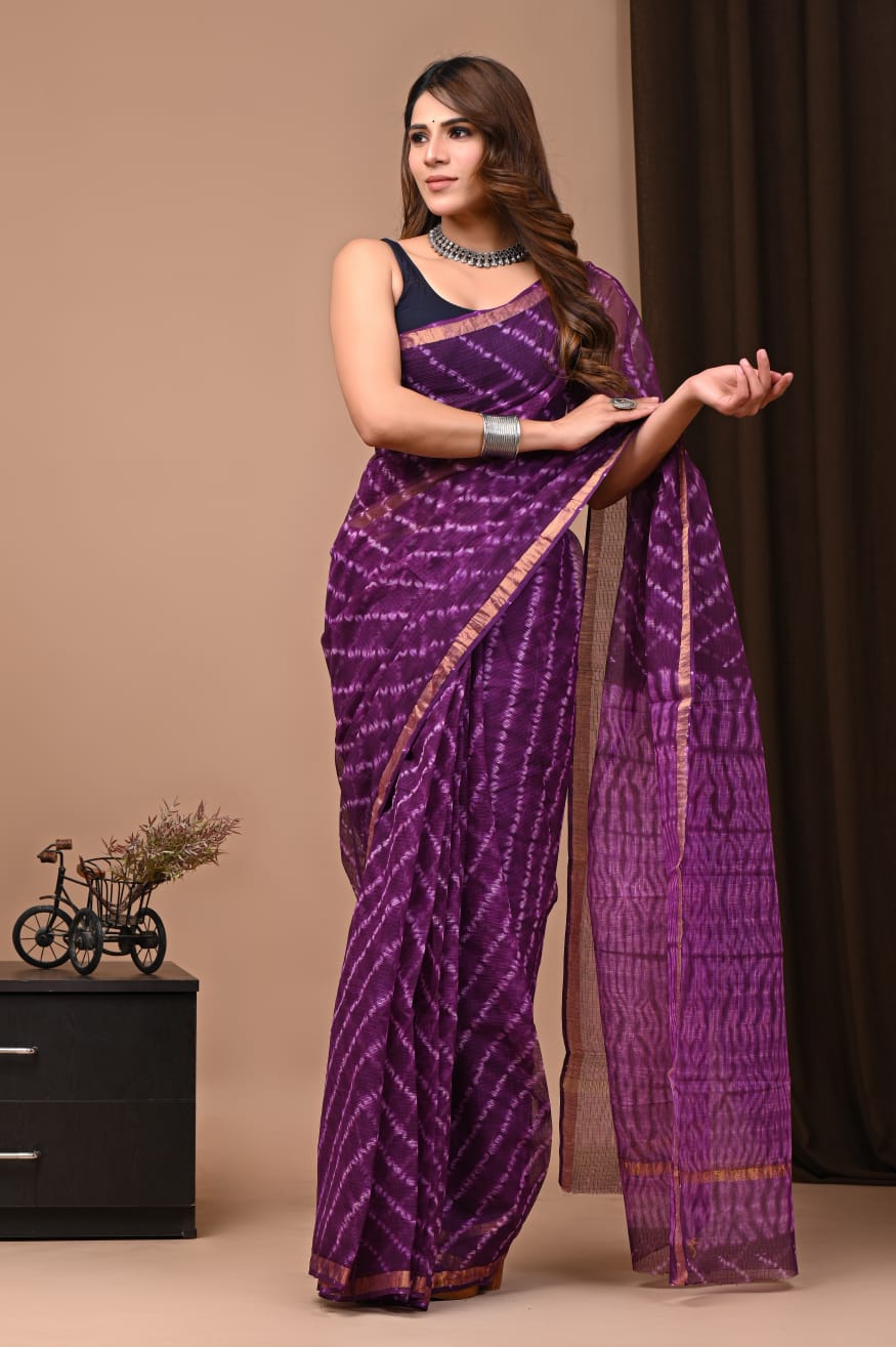 PJNV25A158 Purple Pure Block Print Kota Doria Saree
