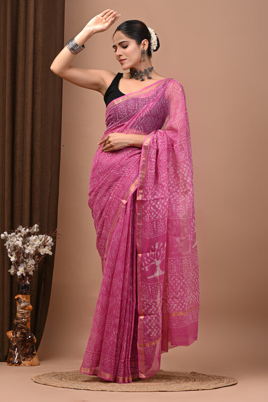 PJNV25A159 Pink Pure Block Print Kota Doria Saree
