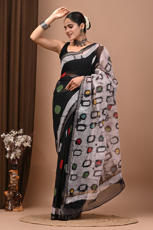 PJNV25A160 Black Pure Block Print Kota Doria Saree