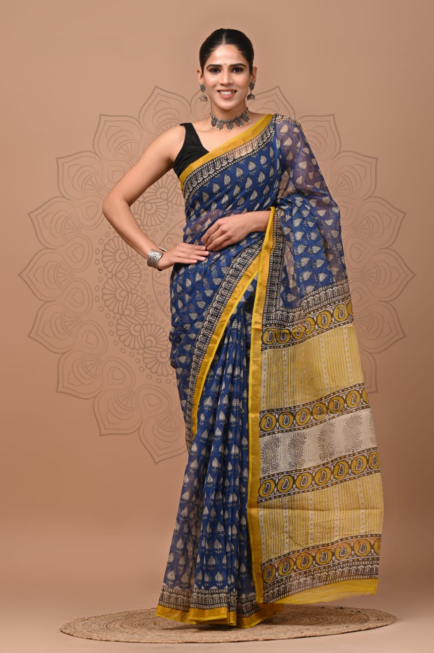 PJNV25A161 Navy Blue Pure Block Print Kota Doria Saree