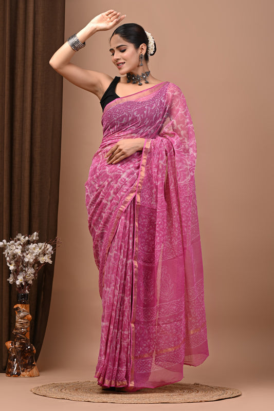 PJNV25A162 Pink Pure Block Print Kota Doria Saree