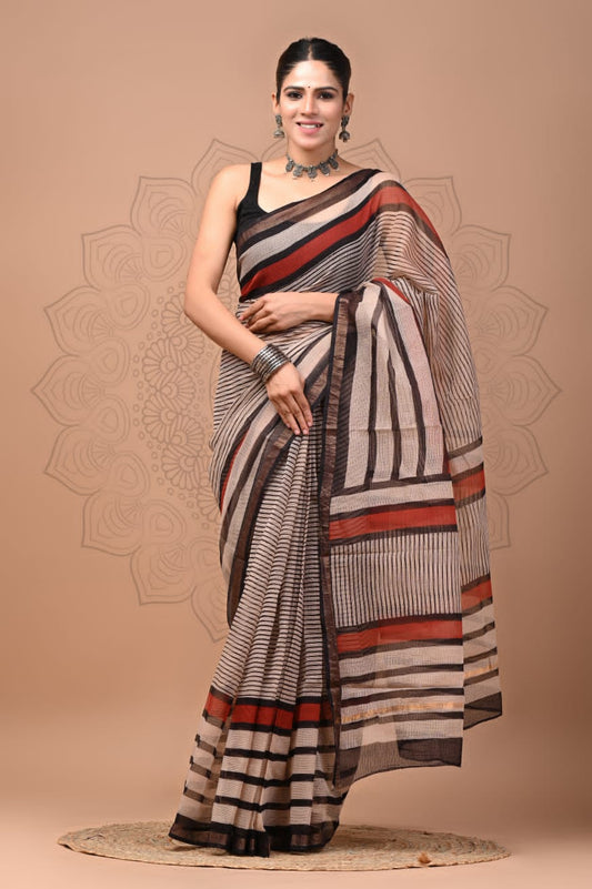 PJNV25A164 Beige Pure Block Print Kota Doria Saree