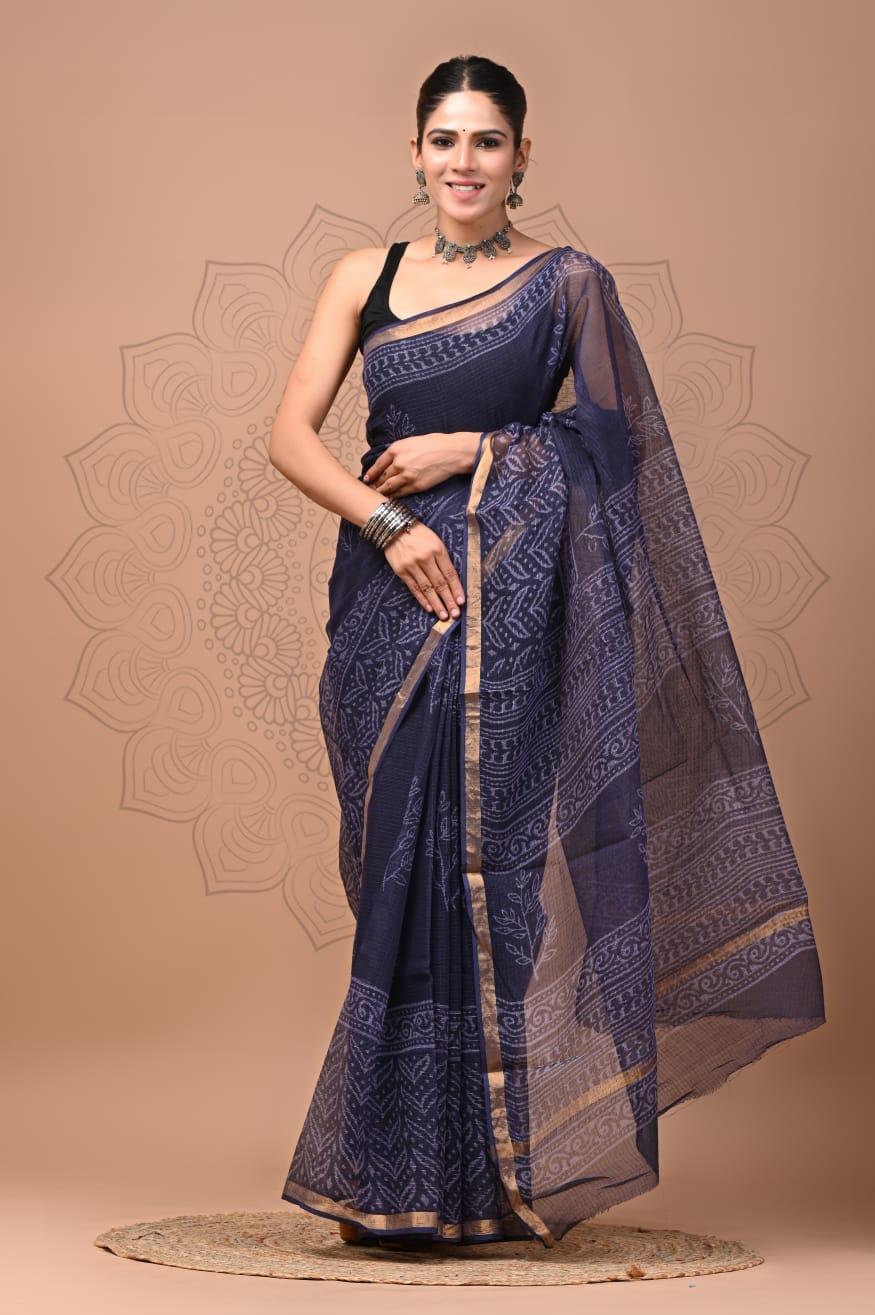 PJNV25A165 Navy Blue Pure Block Print Kota Doria Saree