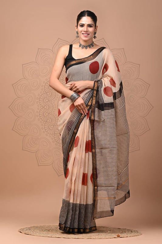 PJNV25A166 Beige Pure Block Print Kota Doria Saree