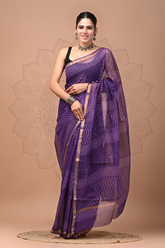 PJNV25A168 Purple Pure Block Print Kota Doria Saree