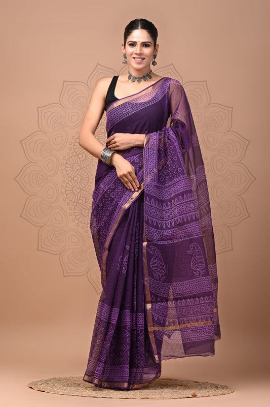 PJNV25A170 Purple Pure Block Print Kota Doria Saree