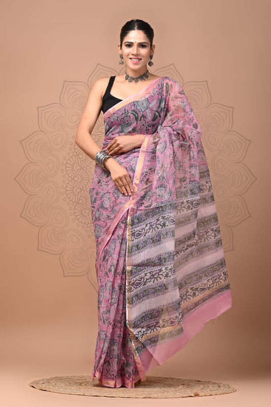 PJNV25A171 Pink Pure Block Print Kota Doria Saree