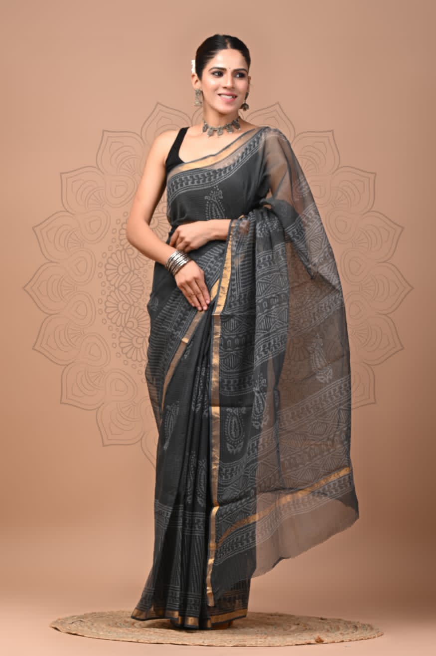 PJNV25A172 Dark Grey Pure Block Print Kota Doria Saree