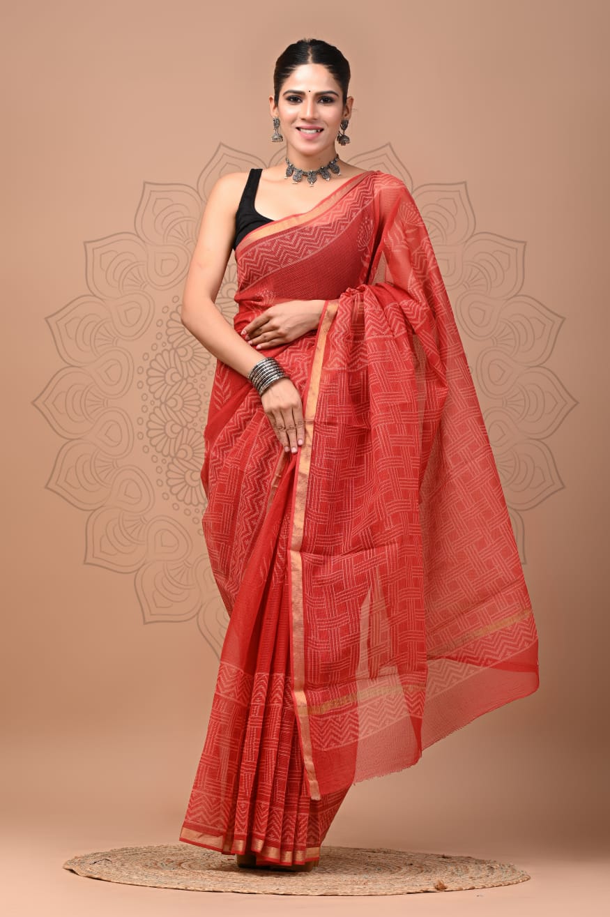 PJNV25A174 Red Pure Block Print Kota Doria Saree