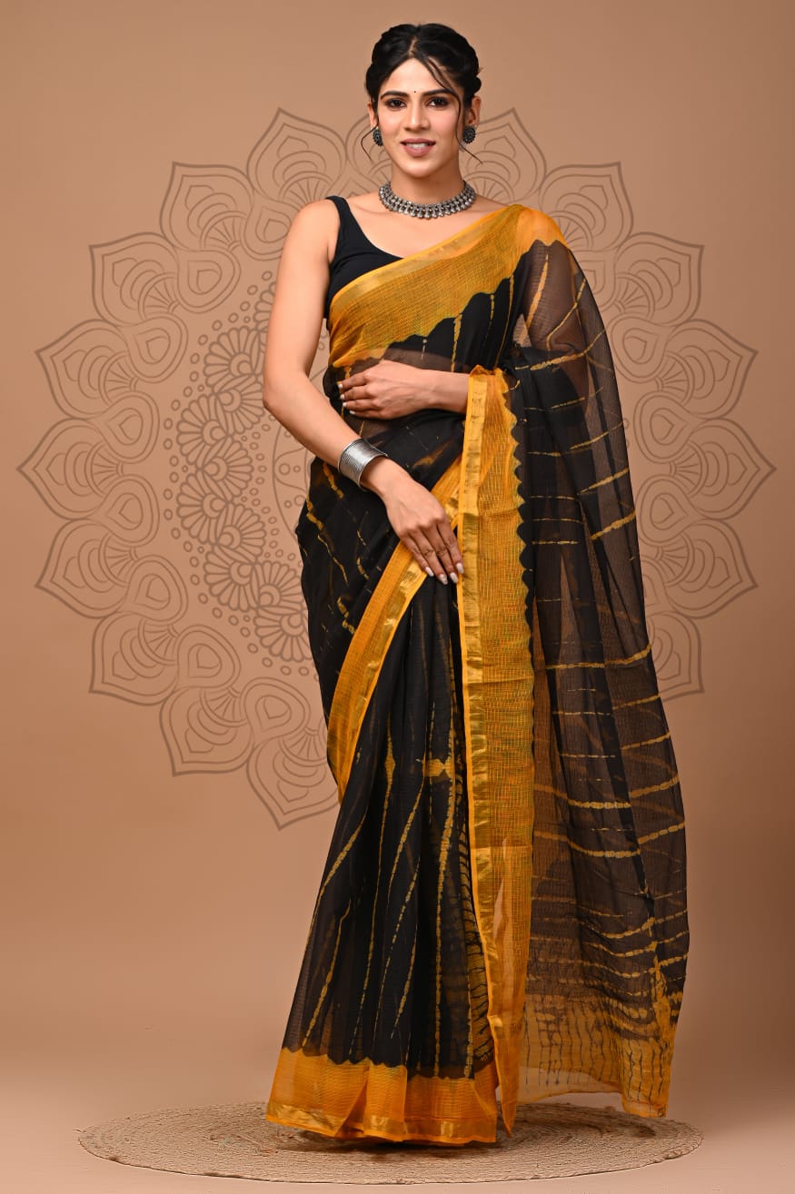 PJNV25A175 Black Pure Block Print Kota Doria Saree