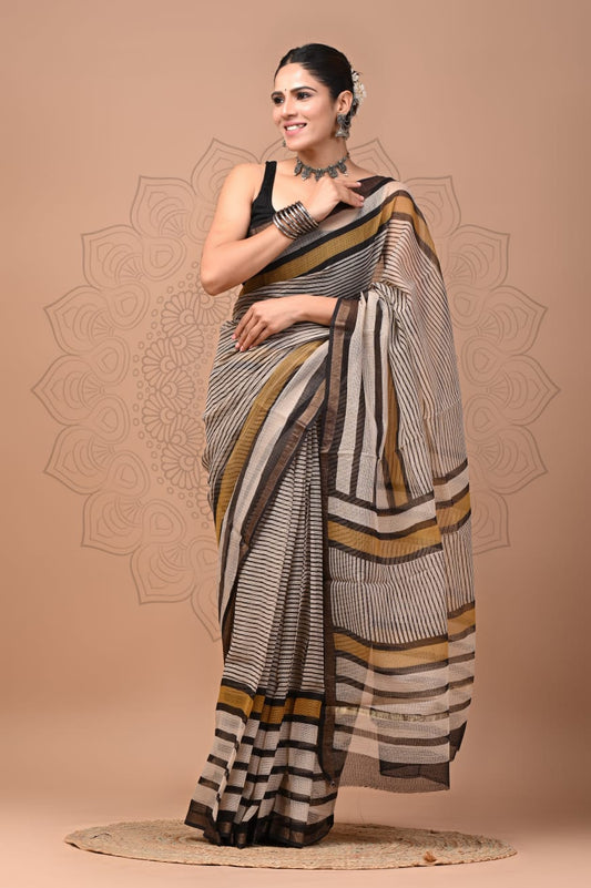 PJNV25A177 Beige Pure Block Print Kota Doria Saree