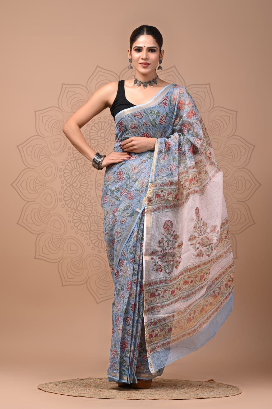 PJNV25A181 Blue Pure Block Print Kota Doria Saree
