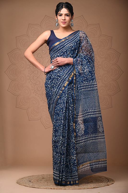 PJNV25A182 Navy Blue Pure Block Print Kota Doria Saree