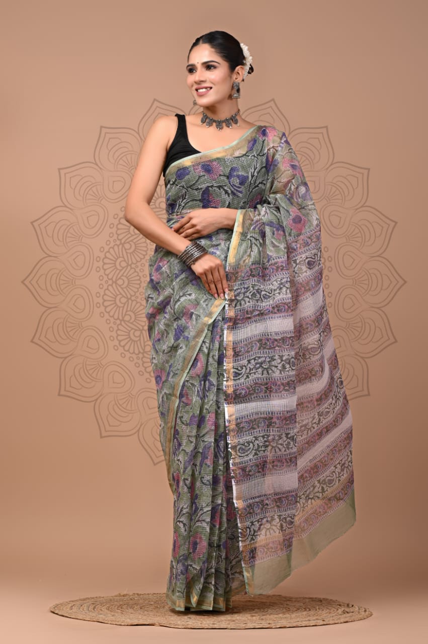 PJNV25A183 Green Pure Block Print Kota Doria Saree