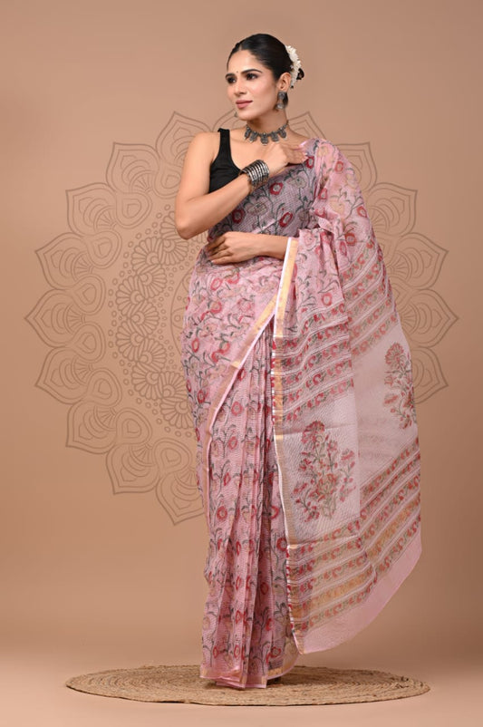 PJNV25A184 Pink Pure Block Print Kota Doria Saree