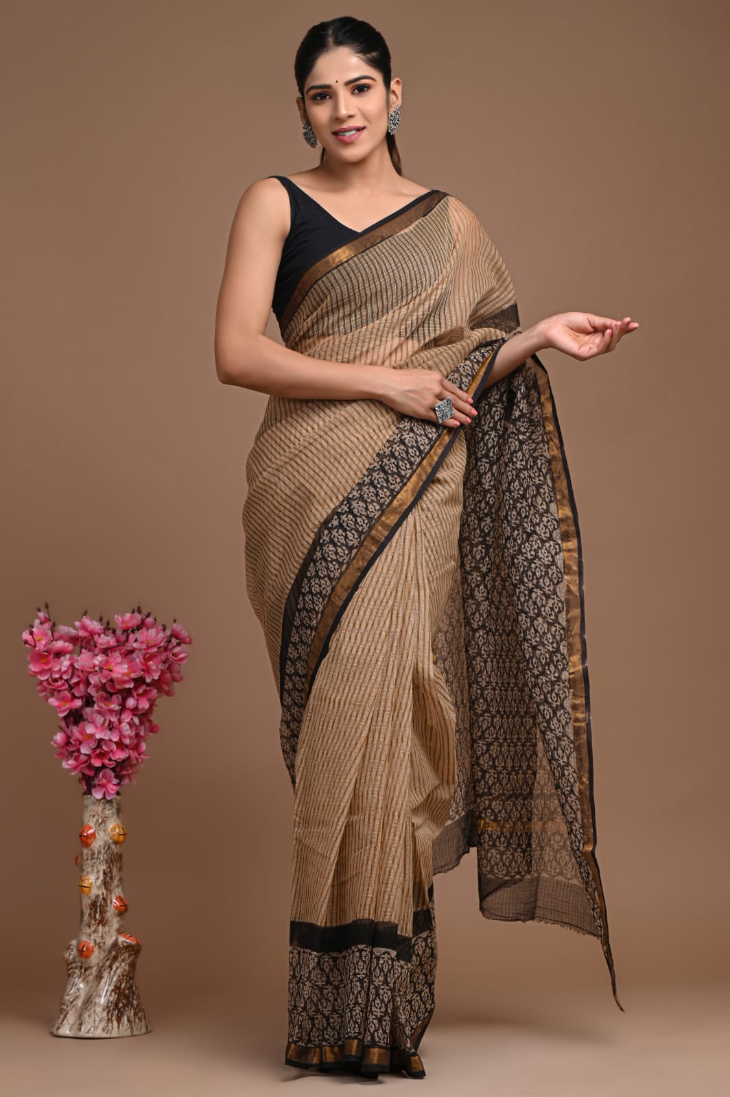 PJNV25A185 Beige Pure Block Print Kota Doria Saree