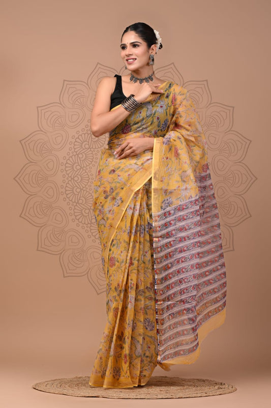 PJNV25A186 Mustard Yellow Pure Block Print Kota Doria Saree