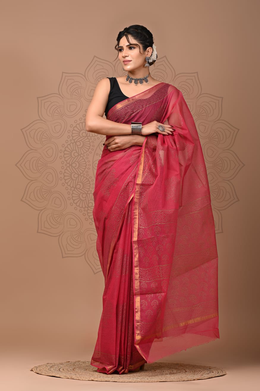 PJNV25A187 Red Pure Block Print Kota Doria Saree