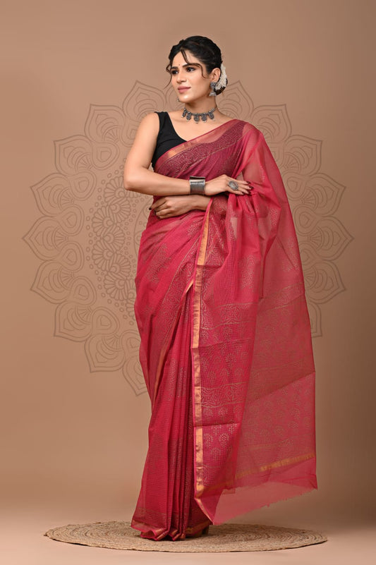 PJNV25A187 Red Pure Block Print Kota Doria Saree