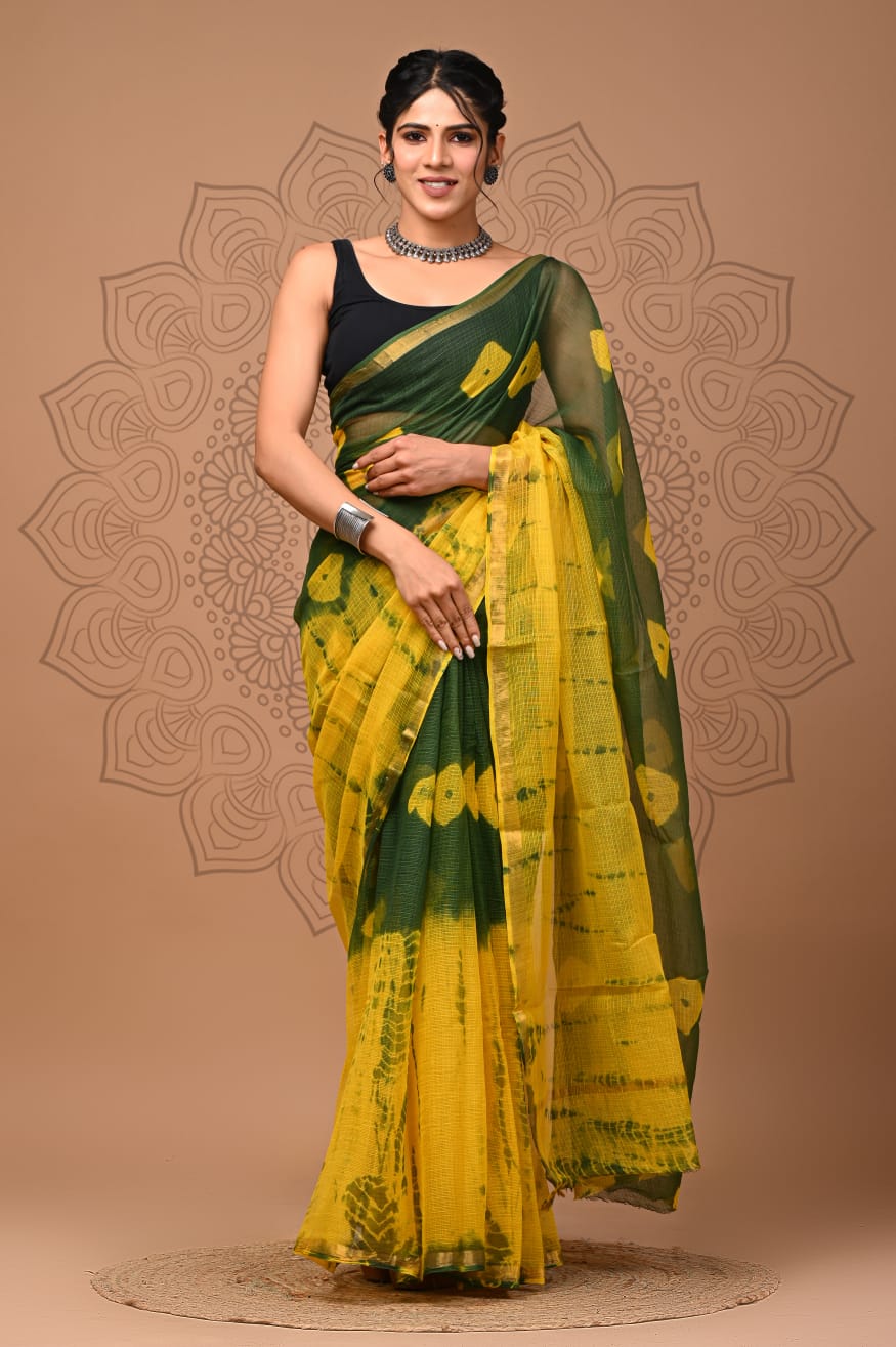 PJNV25A189 Green Pure Block Print Kota Doria Saree
