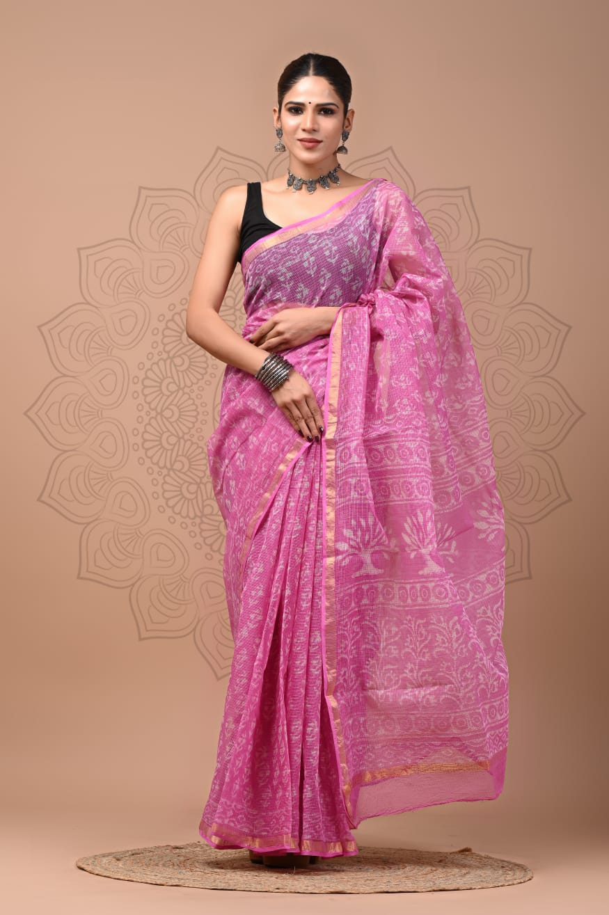 PJNV25A190 Pink Pure Block Print Kota Doria Saree