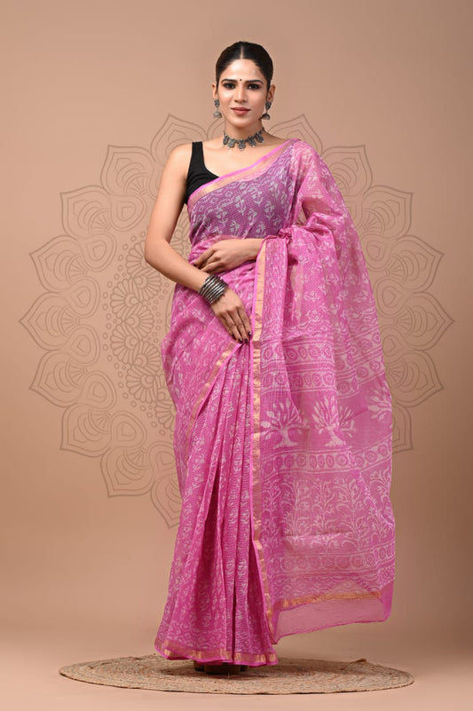 PJNV25A190 Pink Pure Block Print Kota Doria Saree